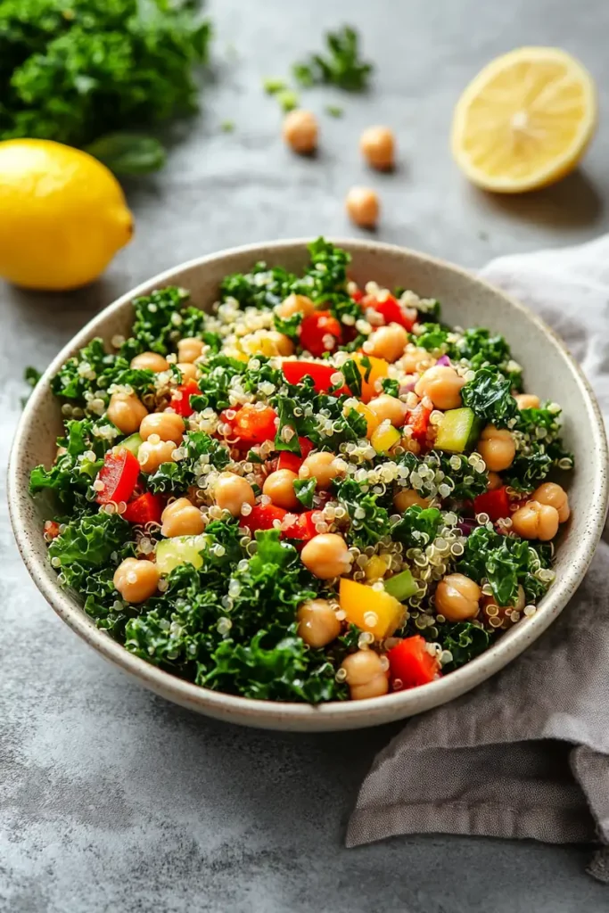 Easy Kale Quinoa Salad with Lemon Vinaigrette (High-Protein & Fresh) 4 Healthy kale quinoa salad with lemon dressing and chickpeas served in a bowl