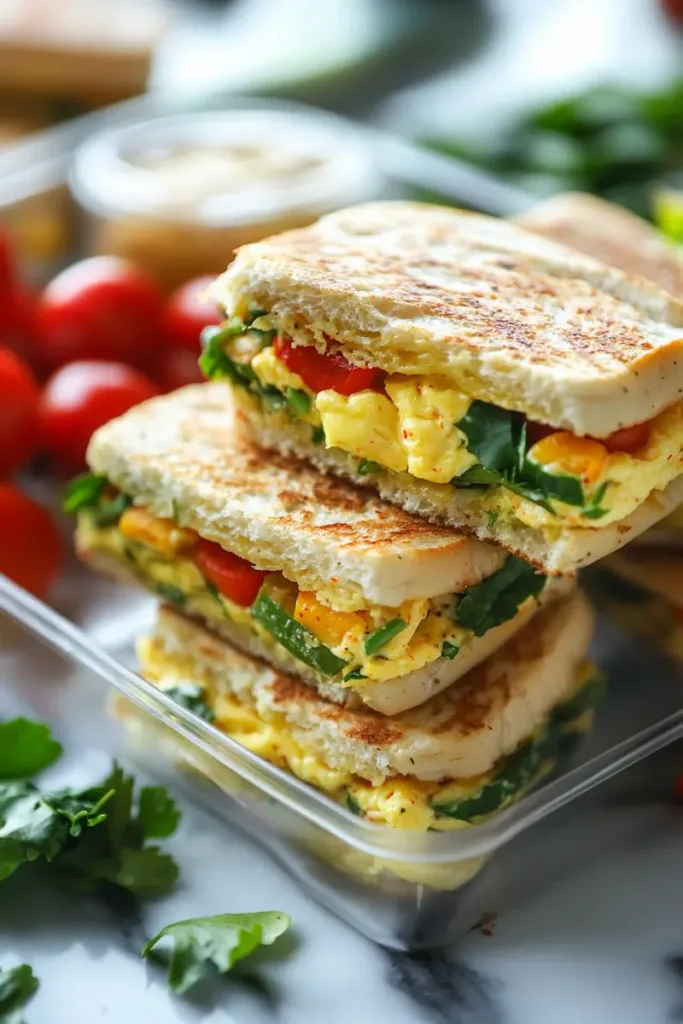 Meal prep breakfast sandwiches with eggs, turkey sausage and cheese for a high protein breakfast.