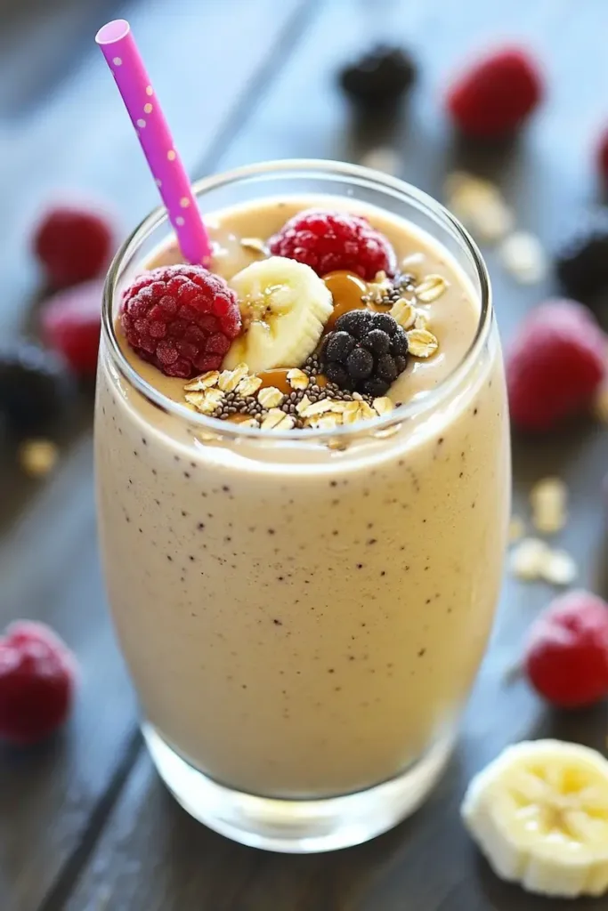 High protein breakfast smoothie with berries, yogurt and chia seeds in a glass.