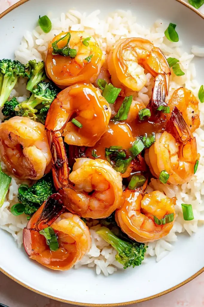 Easy high protein honey garlic shrimp served with rice and broccoli
