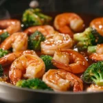 High protein honey garlic shrimp with broccoli in a skillet covered in glossy sauce