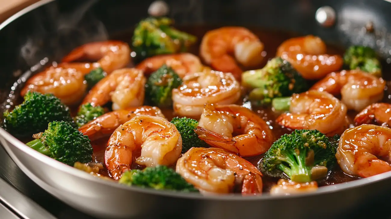 High protein honey garlic shrimp with broccoli in a skillet covered in glossy sauce