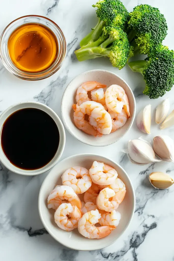 Ingredients for honey garlic shrimp including shrimp garlic honey soy sauce and broccoli
