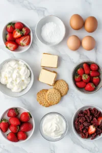 Flat lay of ingredients for strawberry crunch cheesecake including cream cheese, fresh strawberries, golden sandwich cookies, butter, sugar, eggs, and freeze-dried strawberries.