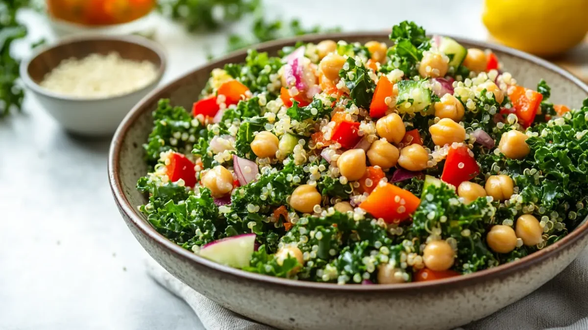 Easy Kale Quinoa Salad with Lemon Vinaigrette (High-Protein & Fresh) 1 Fresh kale quinoa salad with chickpeas, vegetables, and lemon vinaigrette dressing in a bowl