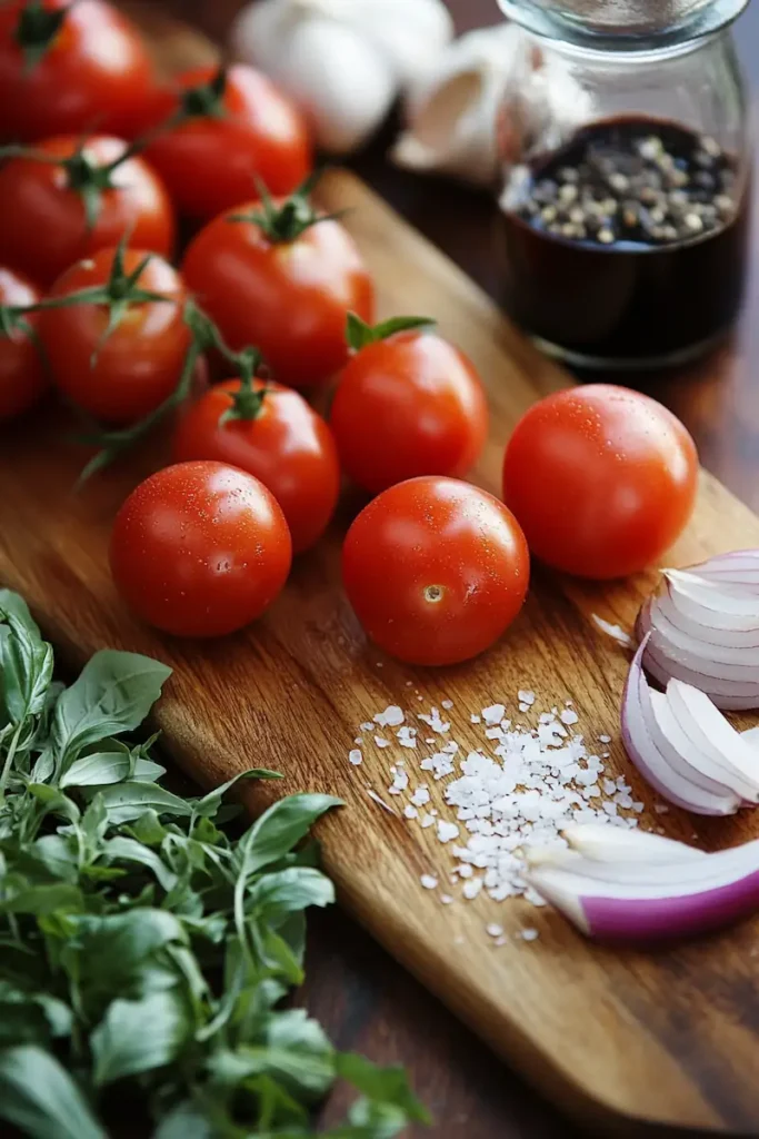 Best Marinated Tomatoes Salad Recipe (Healthy & Easy) 2 Fresh ingredients for marinated tomatoes including tomatoes, garlic, basil, olive oil, and balsamic vinegar