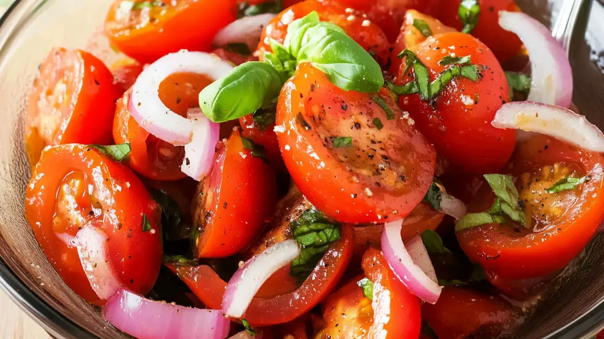 Best Marinated Tomatoes Salad Recipe (Healthy & Easy) 1 Fresh marinated tomatoes salad with balsamic vinegar, garlic, and basil in a bowl