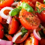 Fresh marinated tomatoes salad with balsamic vinegar, garlic, and basil in a bowl