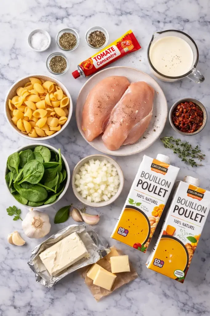 Marry Me Chicken Soup: Easy Creamy Comfort Recipe 2 Ingredients for marry me chicken soup including chicken, pasta, spinach, cream, garlic, onion, and sun-dried tomatoes on a clean surface