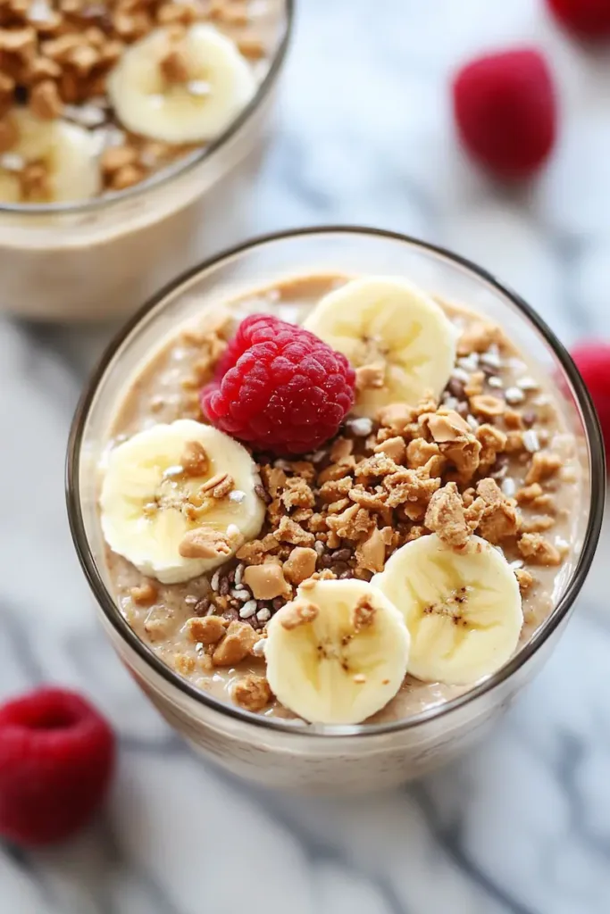 Peanut butter banana protein overnight oats in a jar topped with banana slices and chia seeds for a high protein breakfast.