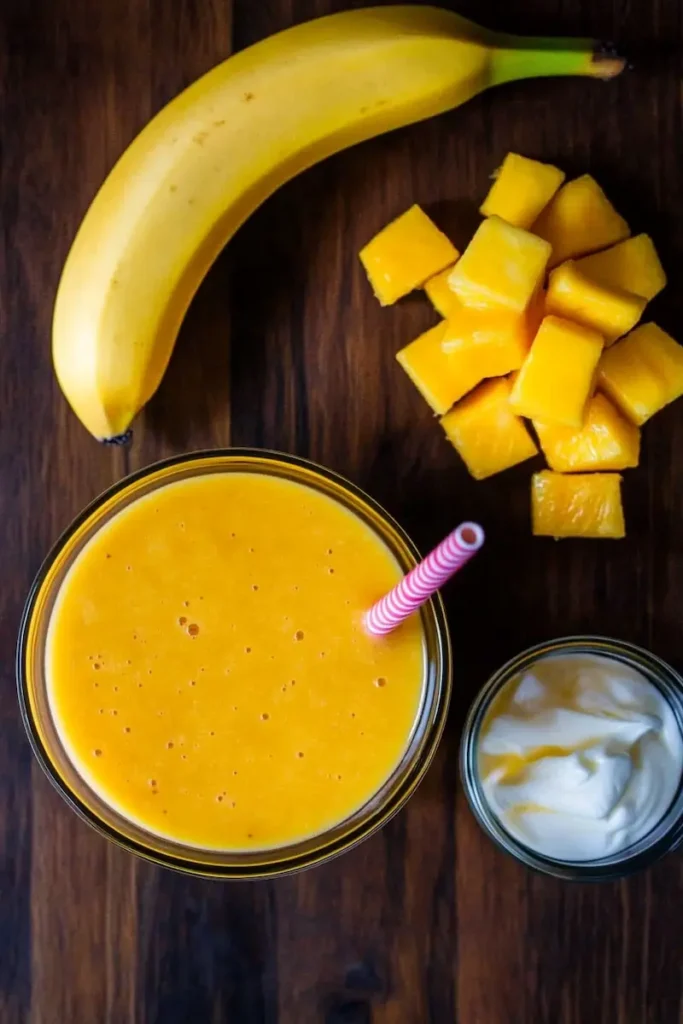 Best Pineapple Mango Smoothie (McDonald’s Copycat) Recipe 3 Pineapple mango smoothie ingredients including fresh pineapple, mango, banana, yogurt and juice flat lay