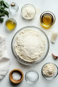 Crispy Chewy Bubbly Pizza Dough Recipe (Artisan Pizza Dough Guide) 6 Ingredients for crispy chewy bubbly pizza dough including bread flour, yeast, olive oil, salt and water.
