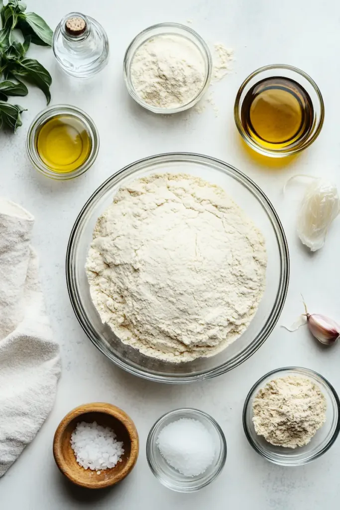 Crispy Chewy Bubbly Pizza Dough Recipe (Artisan Pizza Dough Guide) 3 Ingredients for crispy chewy bubbly pizza dough including bread flour, yeast, olive oil, salt and water.