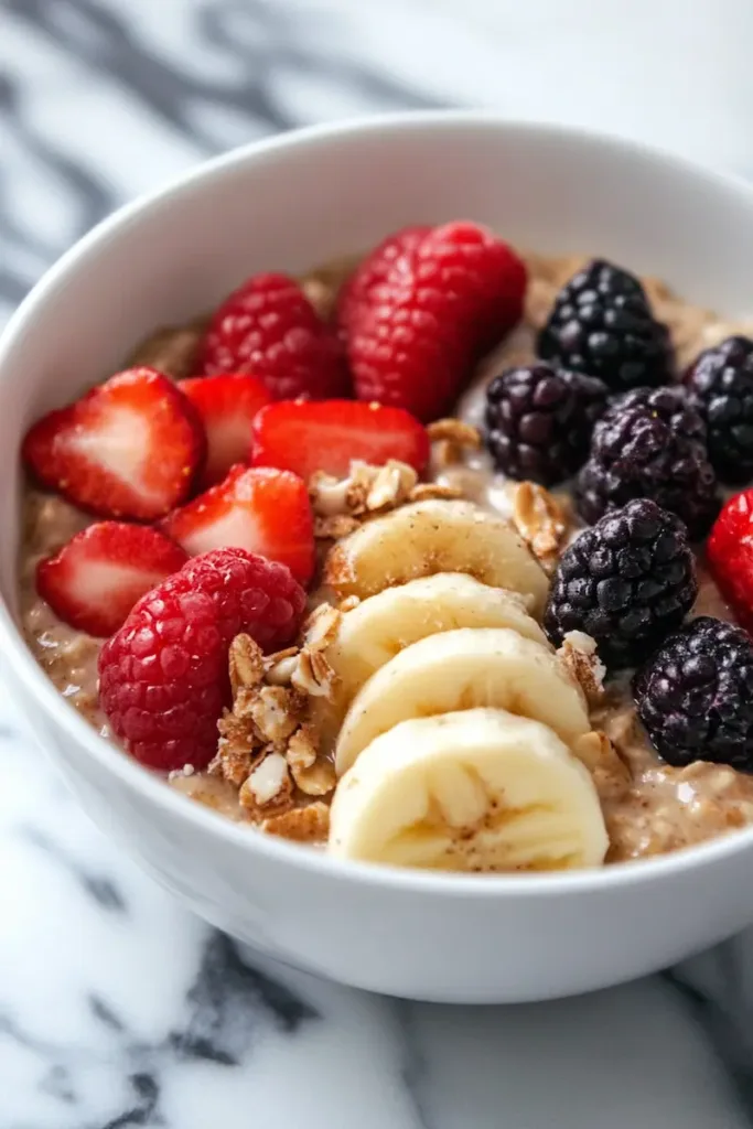 Protein oatmeal breakfast bowl with banana slices and peanut butter for a healthy high protein breakfast.