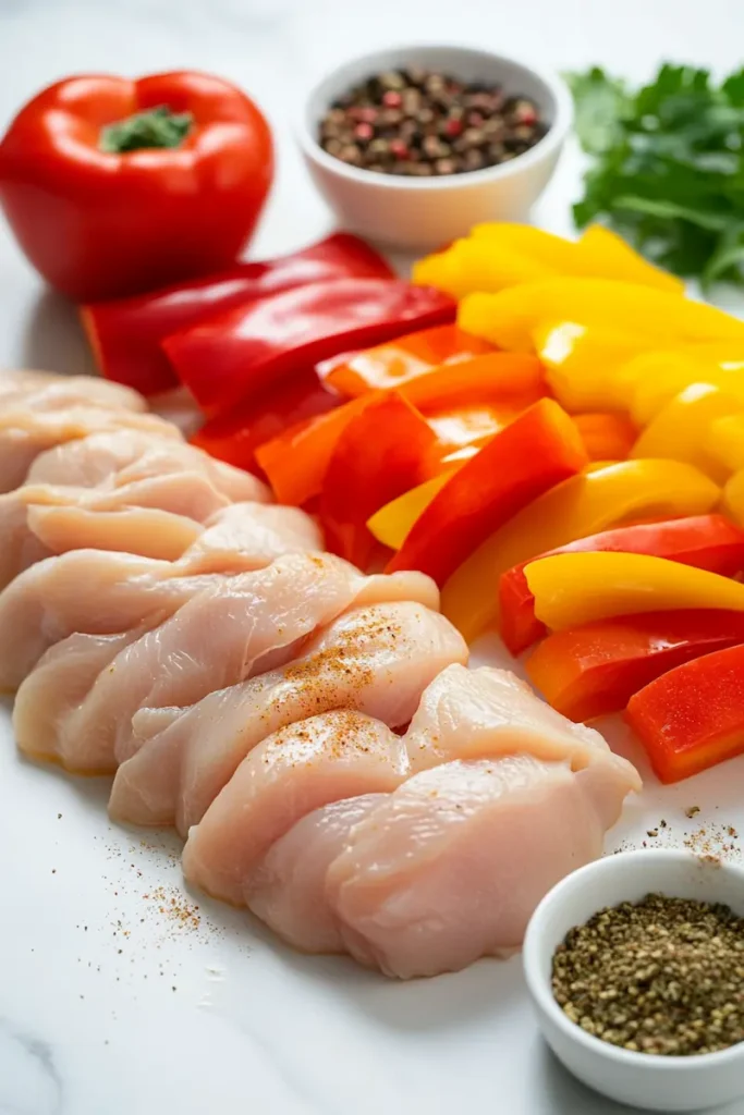 Raw chicken, sliced bell peppers, onions, and fajita seasoning arranged for sheet pan chicken fajitas
