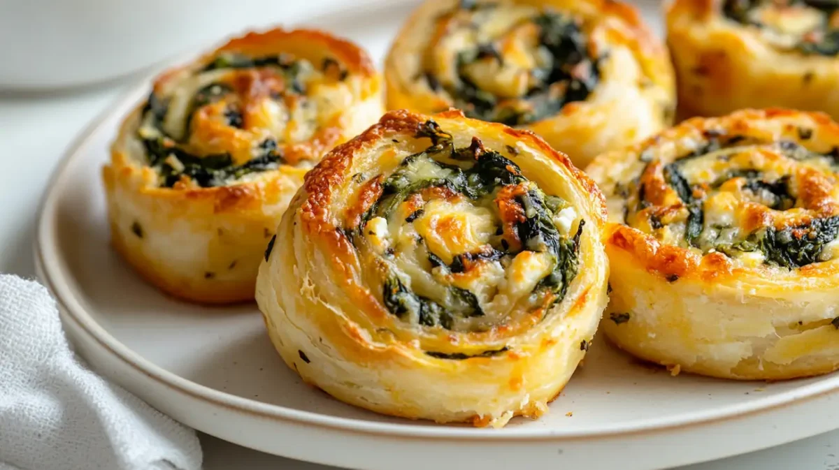 Golden crispy spinach feta pinwheels on a plate with flaky puff pastry layers and creamy cheese filling