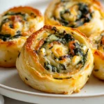 Golden crispy spinach feta pinwheels on a plate with flaky puff pastry layers and creamy cheese filling