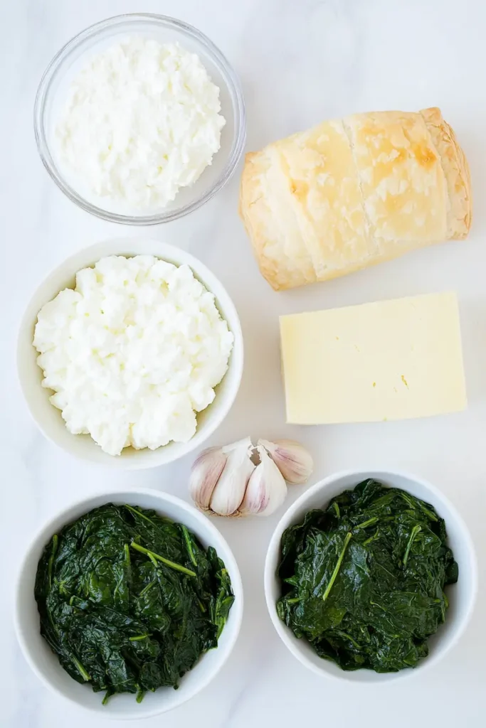 Ingredients for spinach feta pinwheels including puff pastry, spinach, feta cheese, garlic, and cream cheese on a clean surface