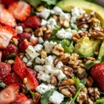 Fresh strawberry crunch salad with avocado, feta cheese, nuts, and mixed greens in a white bowl