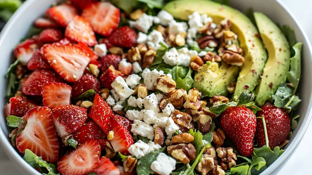 Fresh strawberry crunch salad with avocado, feta cheese, nuts, and mixed greens in a white bowl