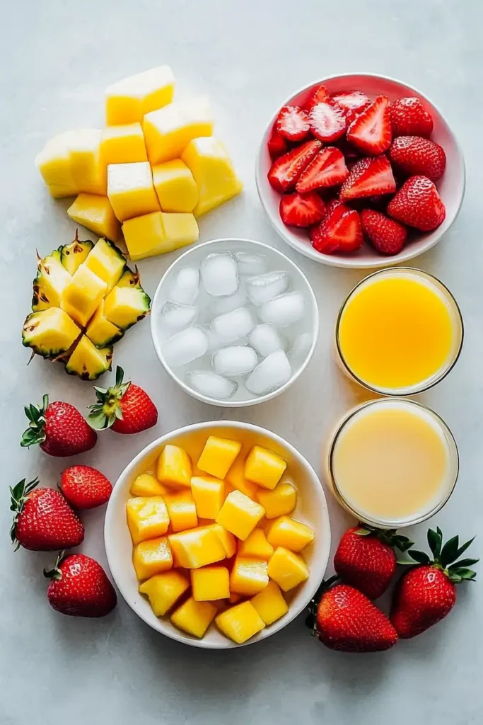 ingredients for sunrise sunset smoothie including mango strawberry pineapple and orange juice