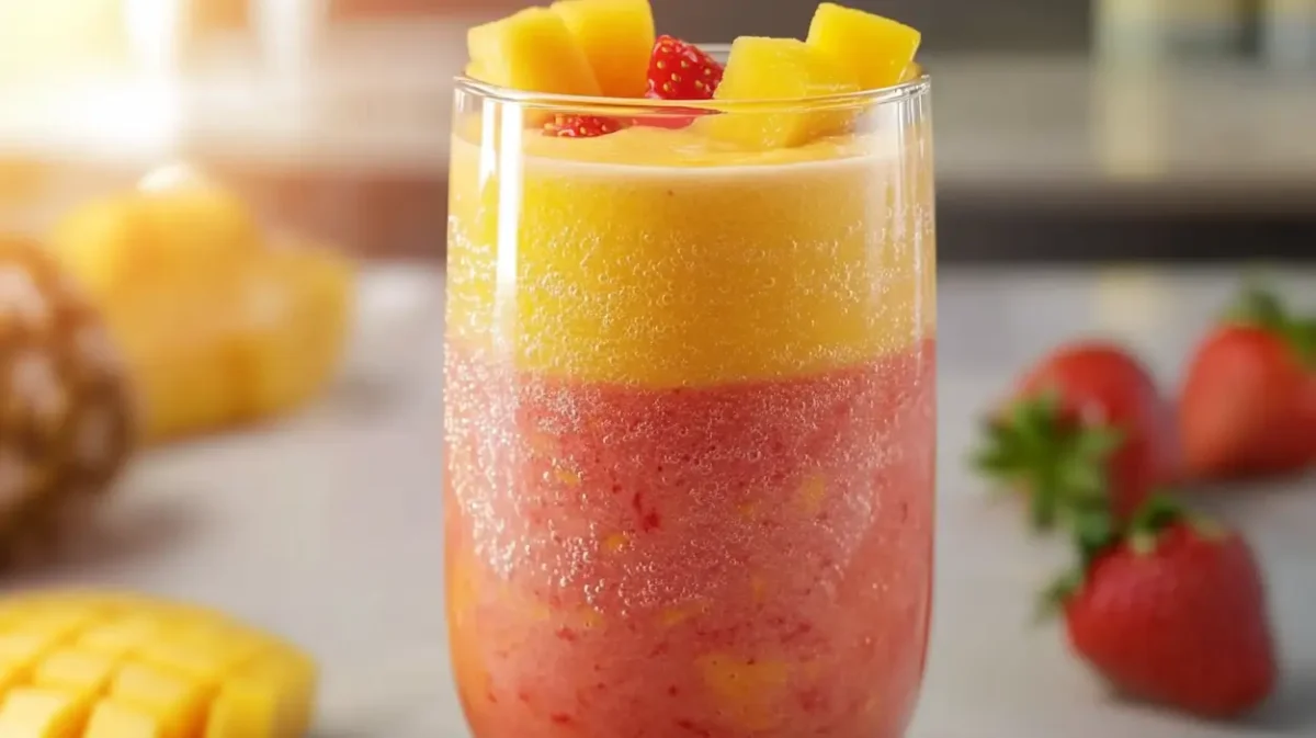 Sunrise sunset smoothie recipe in a glass with mango and strawberry layers tropical smoothie cafe copycat