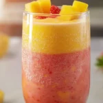 Sunrise Sunset Smoothie Recipe (Tropical Café Copycat Ready in 5 Minutes) Sunrise sunset smoothie recipe in a glass with mango and strawberry layers tropical smoothie cafe copycat