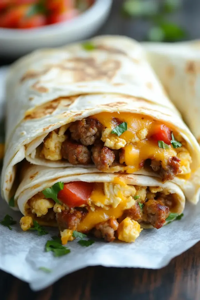 Turkey sausage breakfast burritos with eggs and cheese for a high protein breakfast meal prep.