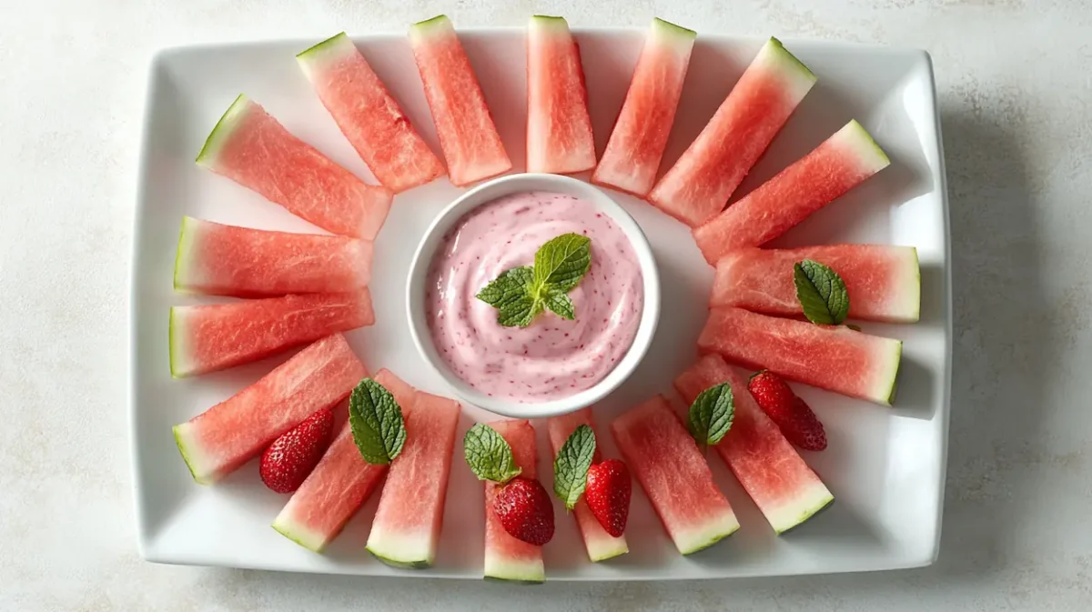 Watermelon fries served with creamy strawberry yogurt dip on a platter