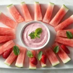 Watermelon fries served with creamy strawberry yogurt dip on a platter