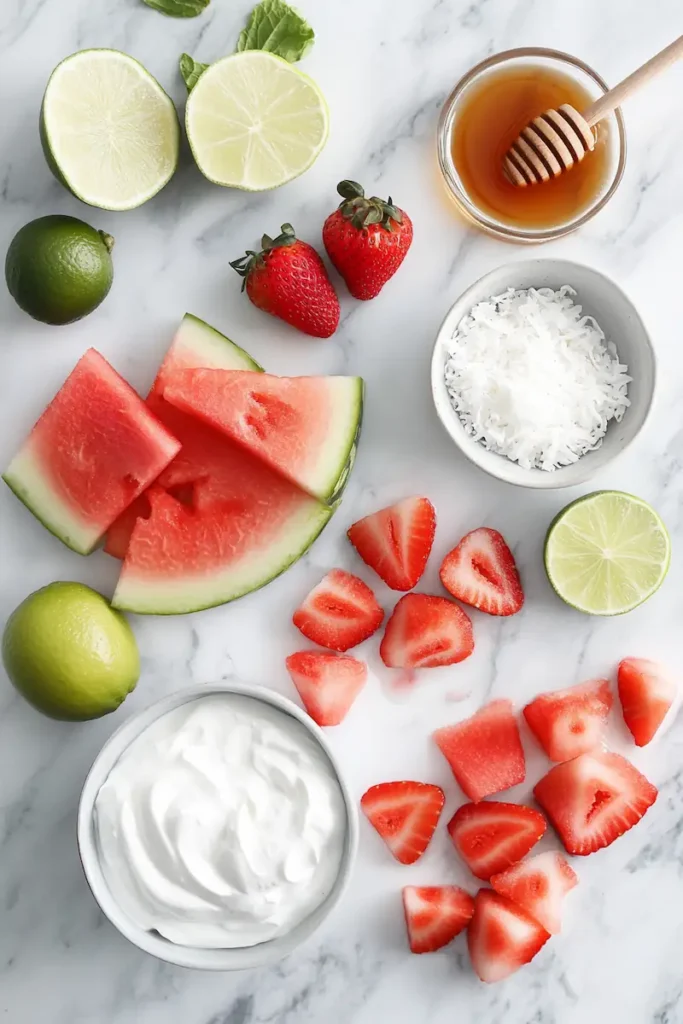Ingredients for watermelon fries including watermelon, strawberries, Greek yogurt, lime, and honey