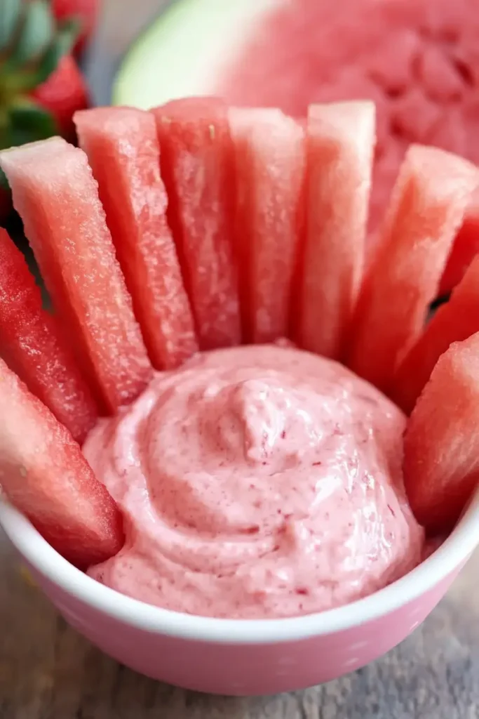 Healthy watermelon fries with strawberry dip served as a fun summer snack