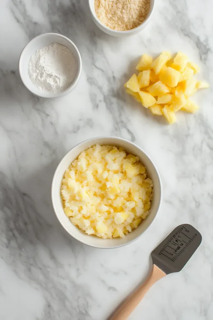 Angel food cake mix and canned crushed pineapple arranged on a clean surface for making 2 ingredient pineapple angel food cake.
