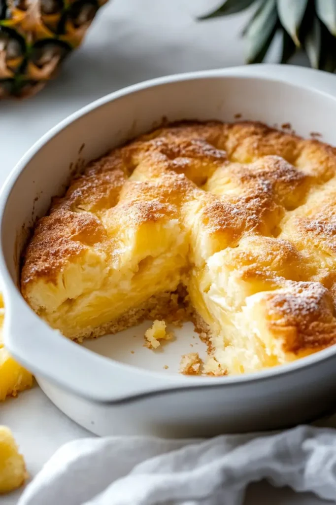 Tall Pinterest image of 2 ingredient pineapple angel food cake with a fluffy crumb and golden top served as an easy dessert.