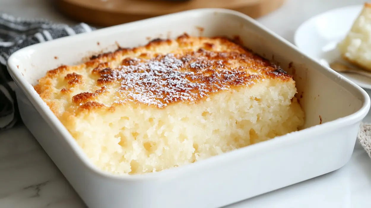 2 ingredient pineapple angel food cake baked until golden in a white dish with a light fluffy texture and a slice ready to serve.