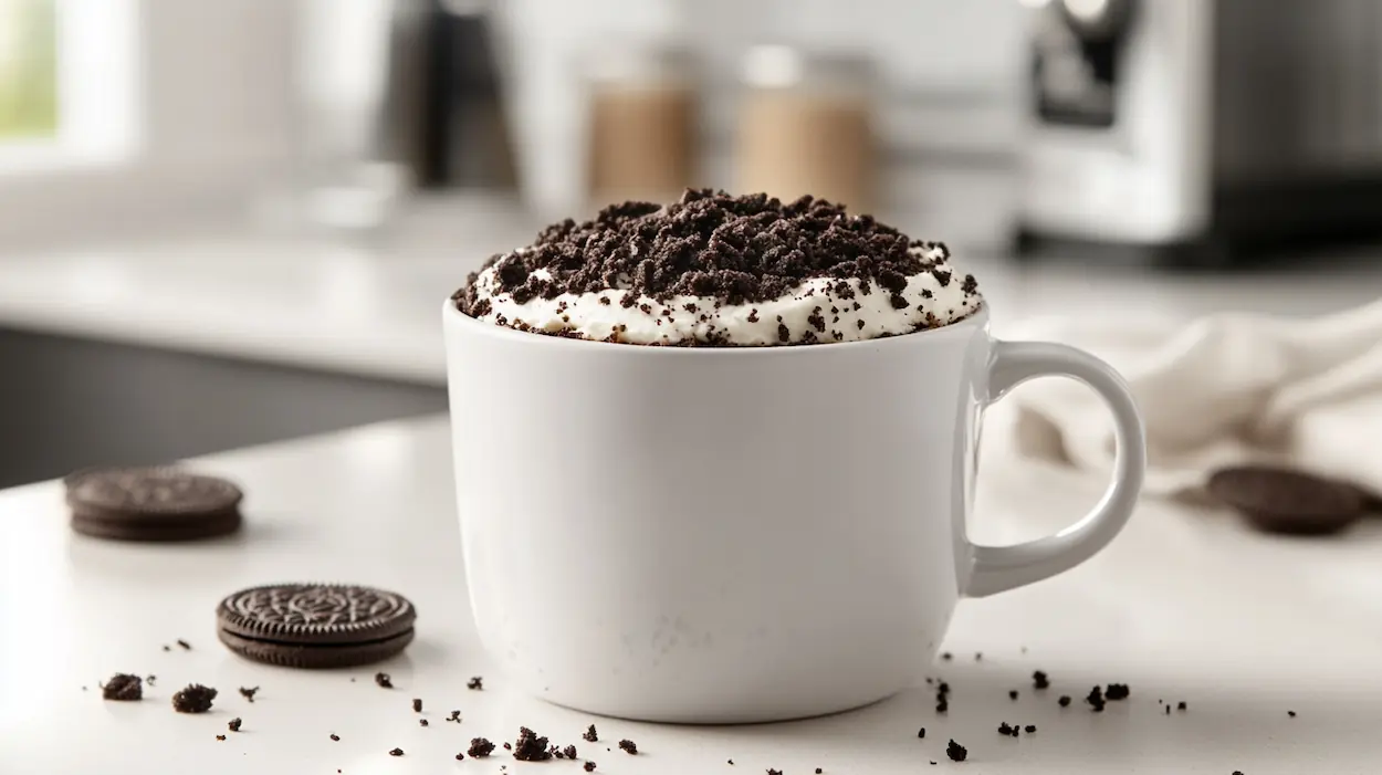 3-ingredient Oreo mug cake in a white mug topped with crushed Oreo cookies