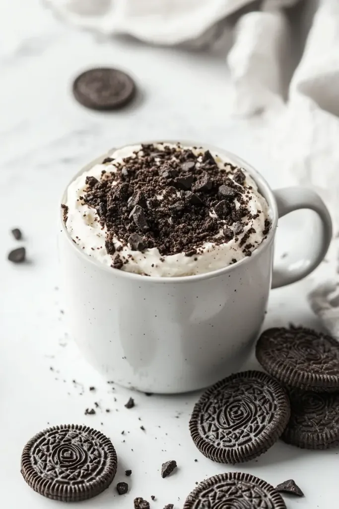 Easy 3-ingredient Oreo mug cake in a mug with crushed Oreo topping