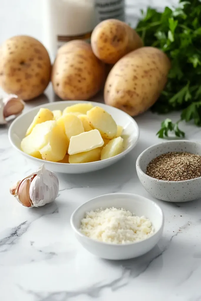 Accordion Potatoes Recipe: Crispy, Easy, Delicious 3 Ingredients for accordion potatoes arranged neatly on a clean modern American kitchen counter, including potatoes, butter, olive oil, garlic, salt, pepper, paprika, parsley, and Parmesan.
