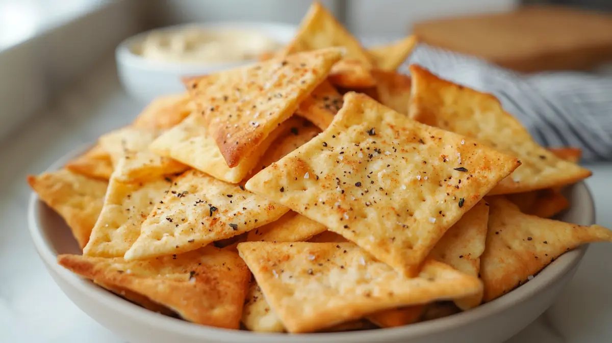 Air fryer pita chips recipe served on a plate in a bright modern American kitchen with golden crispy texture.