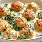 Baked chicken ricotta meatballs in creamy spinach Alfredo sauce served in a skillet