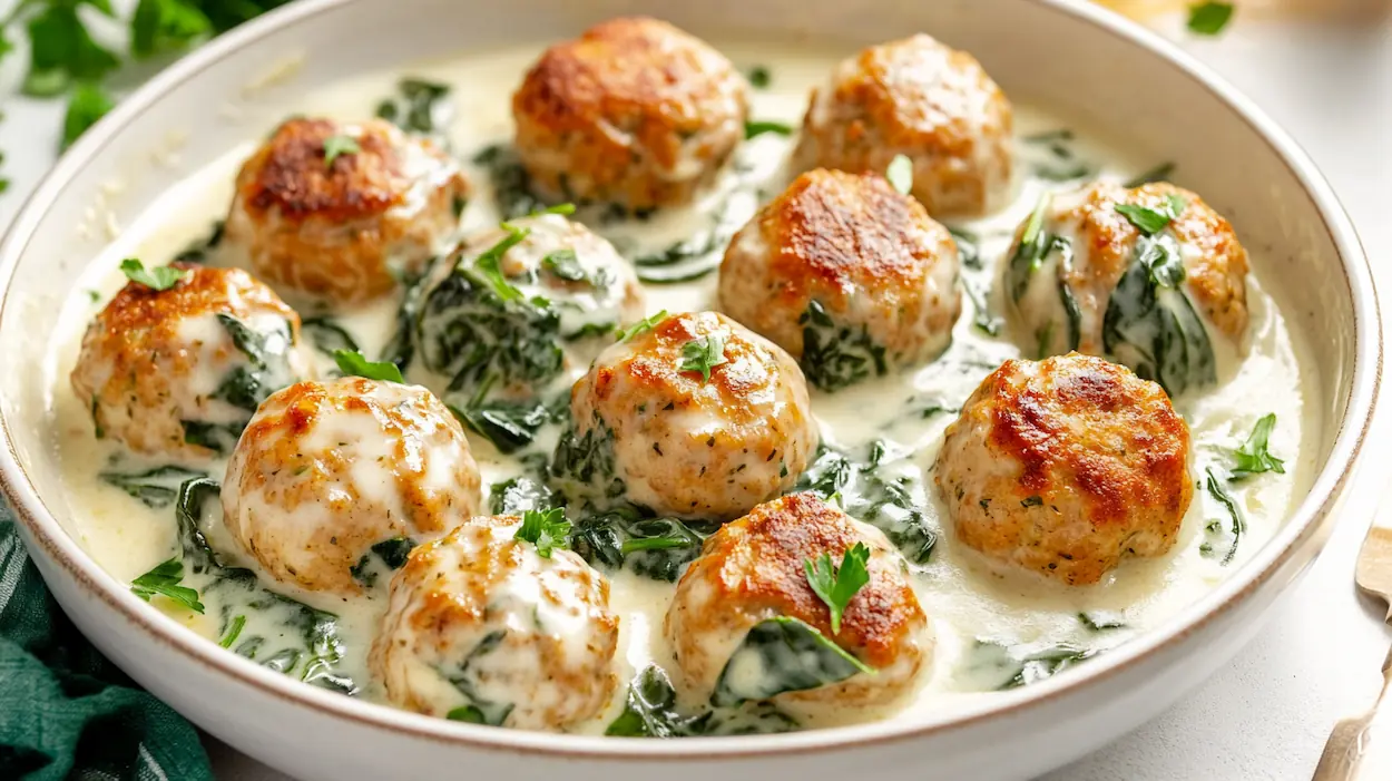 Baked chicken ricotta meatballs in creamy spinach Alfredo sauce served in a skillet