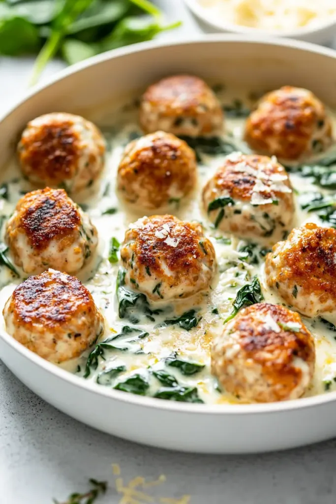 Baked chicken ricotta meatballs served in creamy spinach Alfredo sauce with Parmesan and parsley.