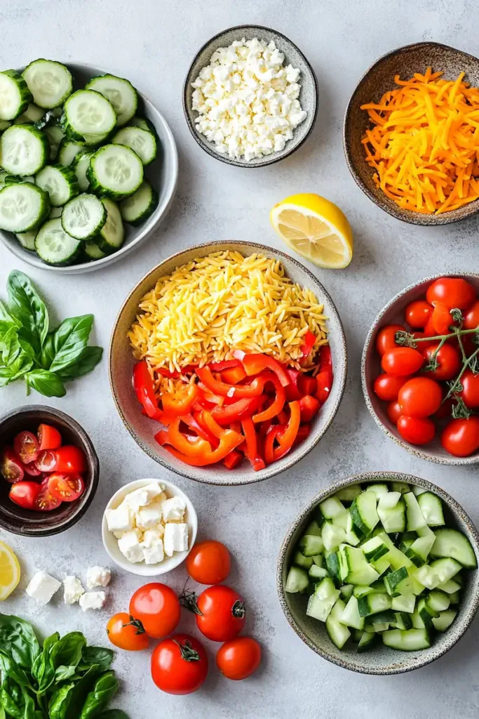 Fresh ingredients for summer rainbow orzo salad including orzo, bell peppers, cucumber, tomatoes, feta, herbs, and lemon.