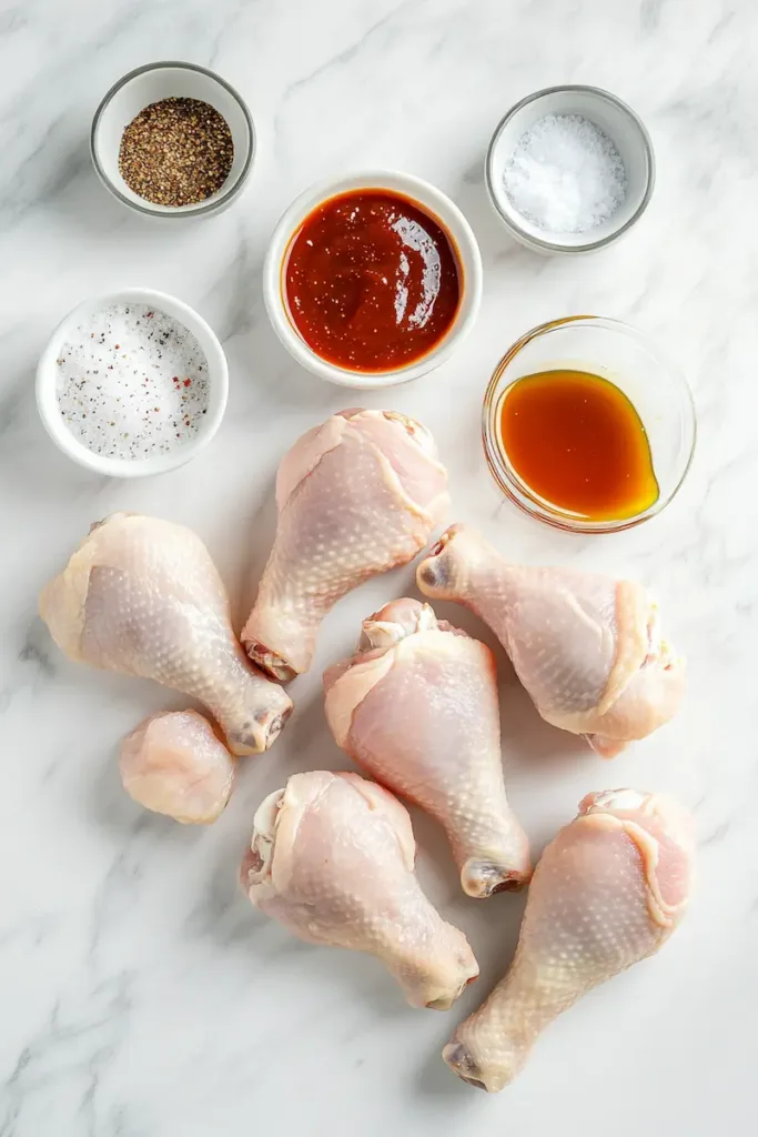 Ingredients for bbq chicken drumsticks including chicken legs, spices, and barbecue sauce