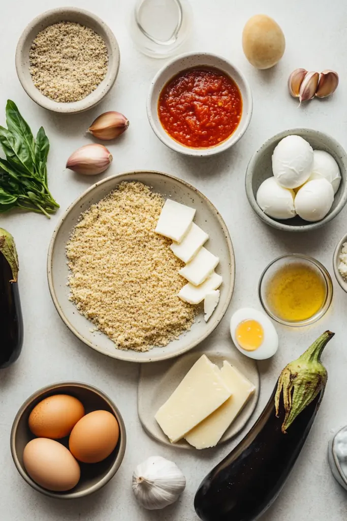Golden baked eggplant parmesan served with extra sauce and fresh basil