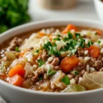 cabbage roll soup with ground beef served in a white bowl in a modern kitchen with soft lighting