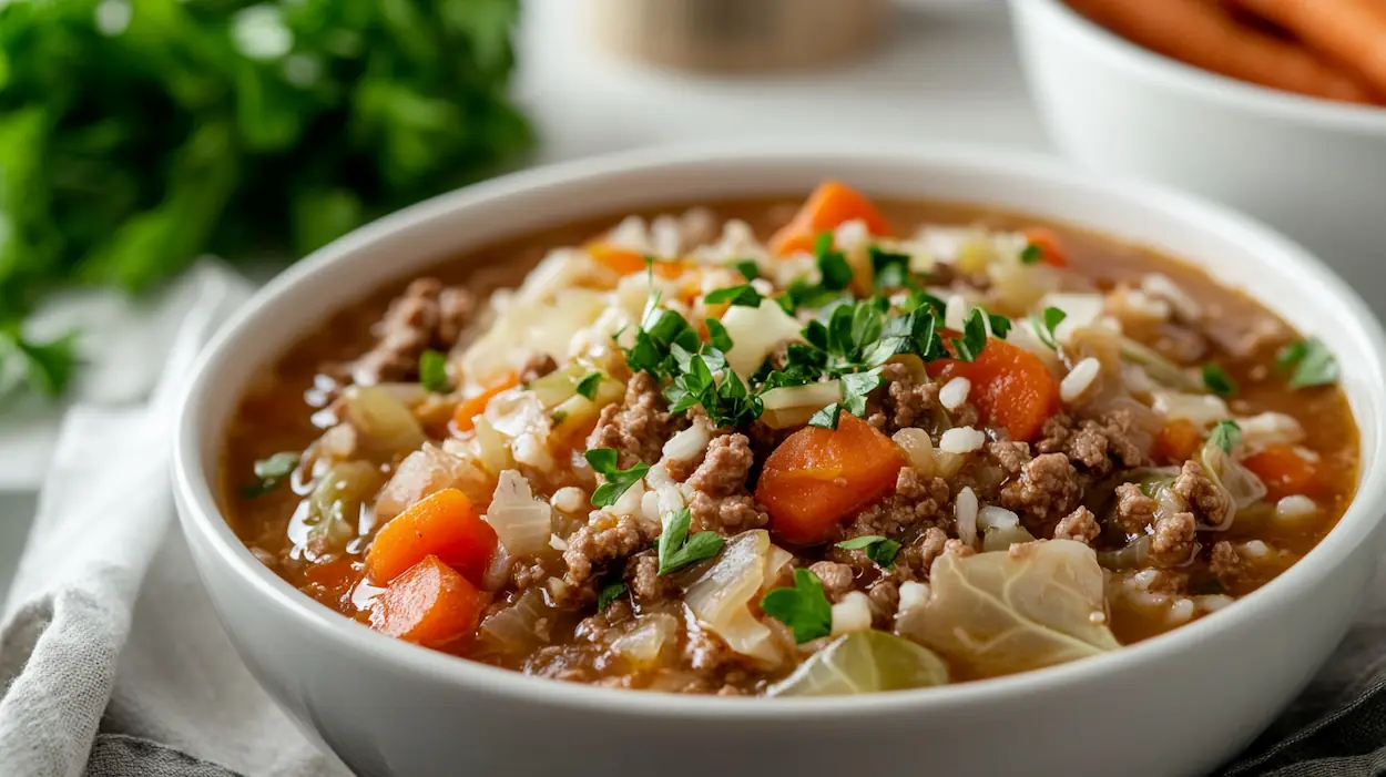 cabbage roll soup with ground beef served in a white bowl in a modern kitchen with soft lighting