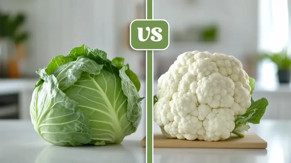 Cabbage vs Cauliflower: Which Is Better? 1 Fresh green cabbage and white cauliflower displayed side by side in a bright modern kitchen.