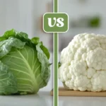 Fresh green cabbage and white cauliflower displayed side by side in a bright modern kitchen.
