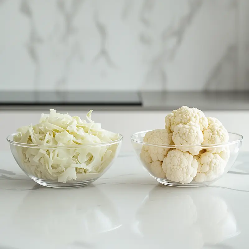 Cabbage vs Cauliflower: Which Is Better? 3 Chopped cabbage and cauliflower florets in matching bowls on a bright modern kitchen counter.
